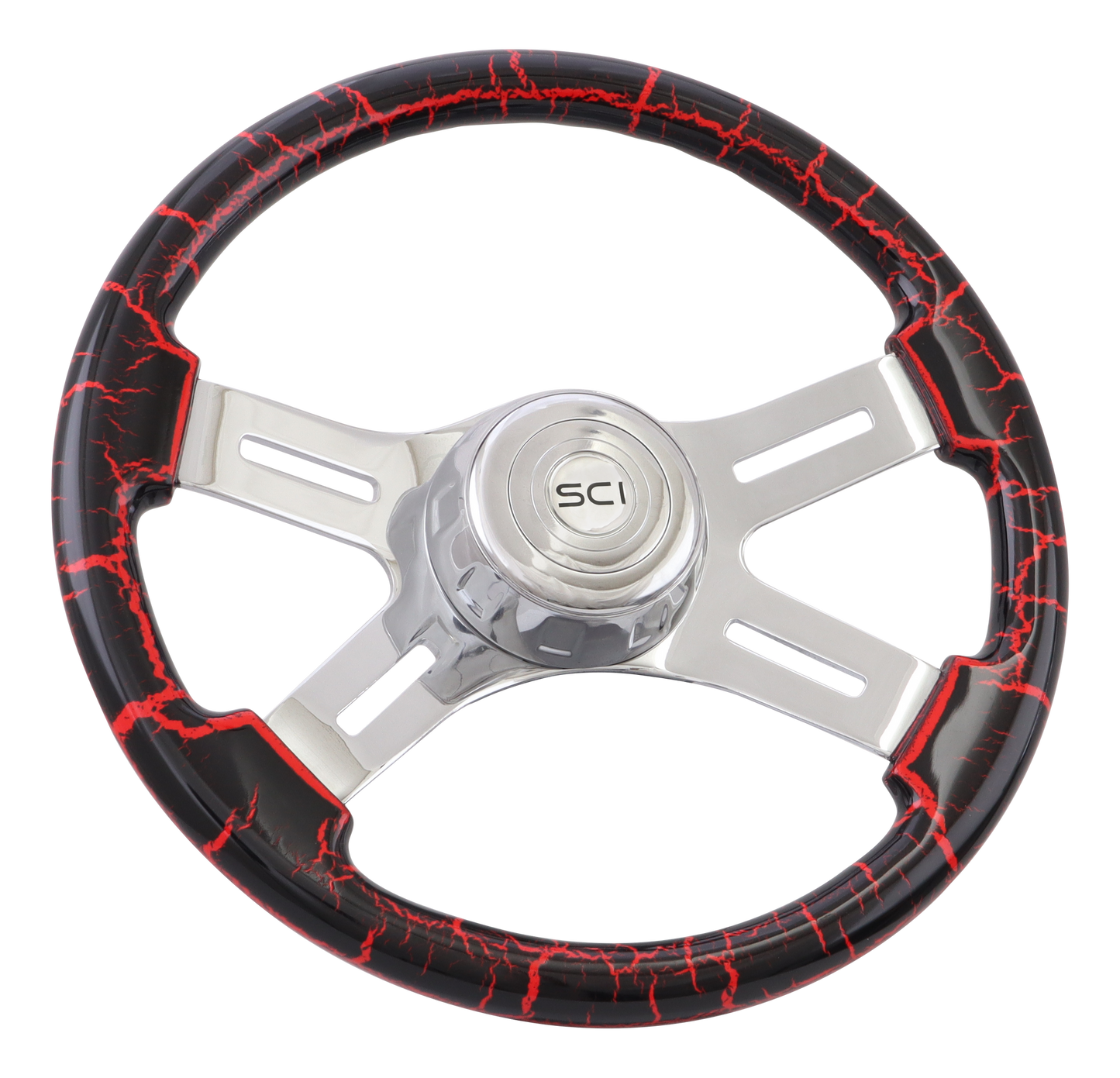 16" Classic Viper Red Crackle - 16" Painted Wood Rim, Chrome 4-Spoke w/Slot Cut Outs, Chrome Bezel, Chrome Horn Button - SCI Logo