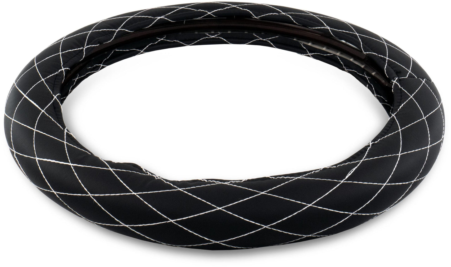 18″ DIAMOND CUSHION STEERING WHEEL COVER BLACK W/ WHITE STITCHING