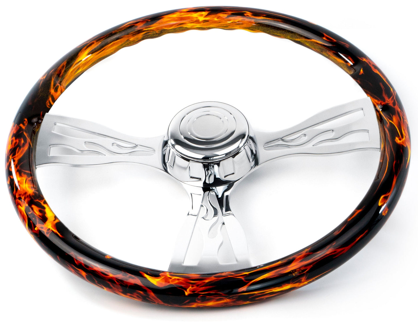 18″ FIRE DESIGN WOOD STEERING WHEELWITH 3 CHROME FLAME SPOKES