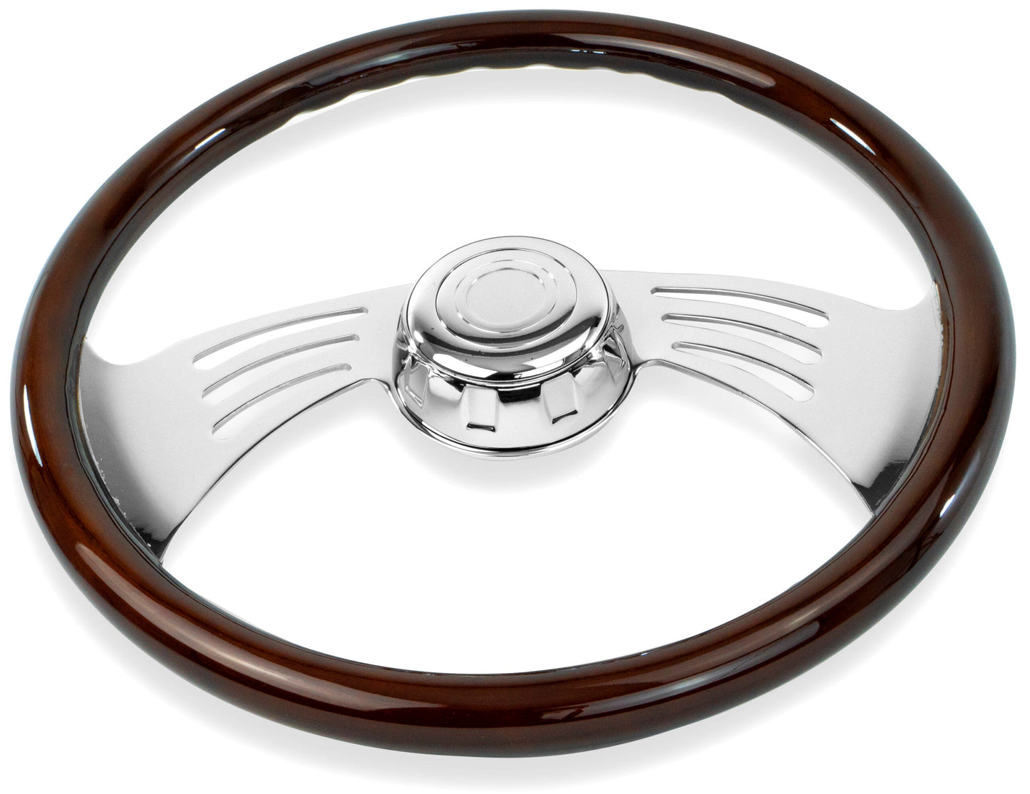 18” MAHOGANY WOOD STEERING WHEEL WITH CHROME WING DESIGN SPOKES