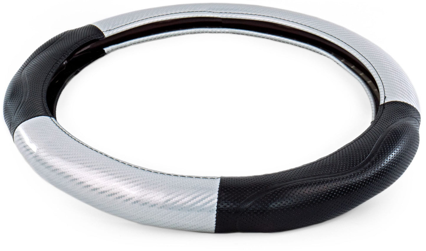 18″ MEMORY FOAM CARBON FIBER STYLE STEERING WHEEL COVER – SILVER