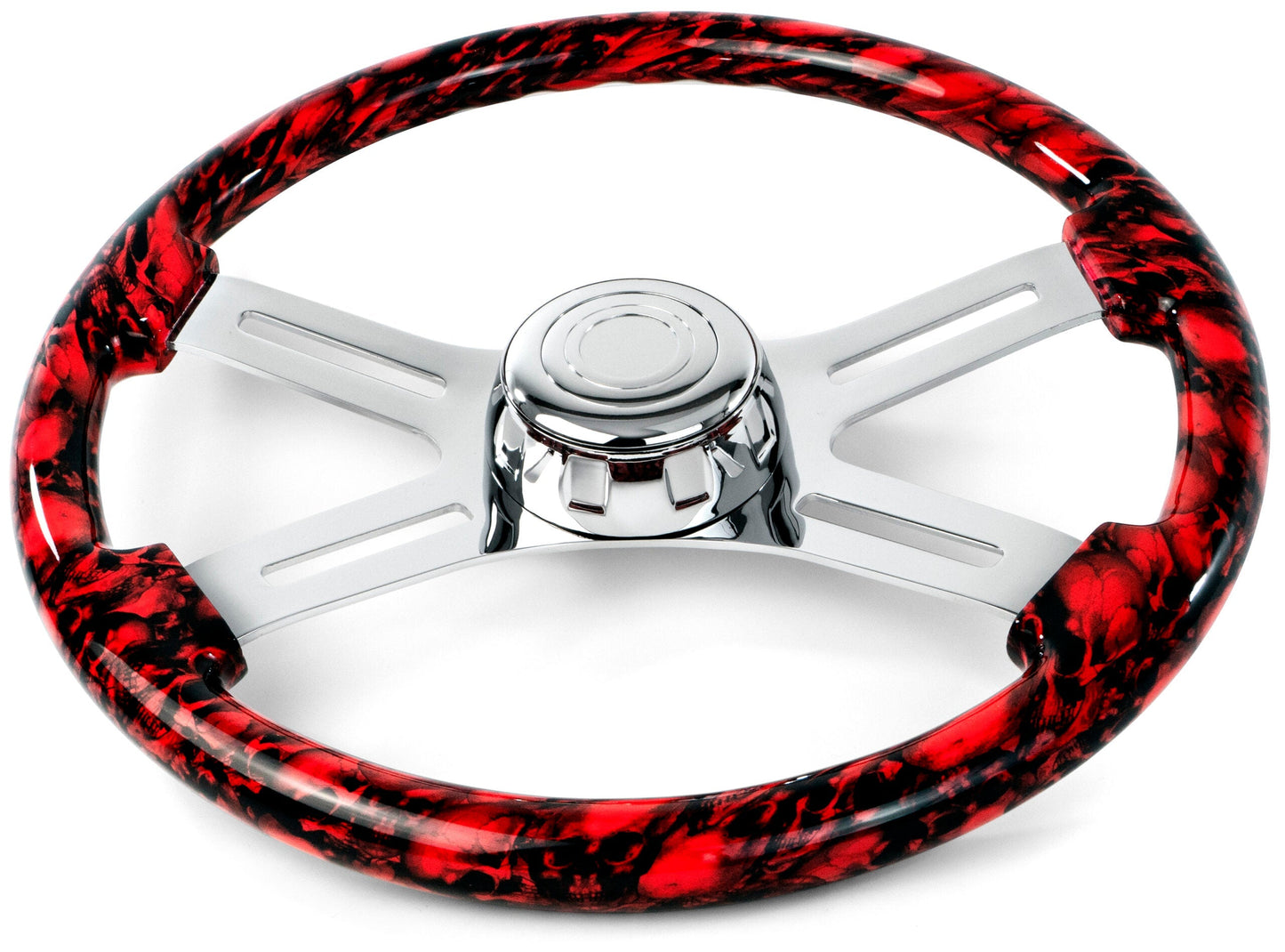 18” SKULL DESIGN RED WOOD STEERING WHEEL WITH 4 CHROME SPOKES