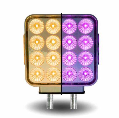 Amber/Red Turn & Marker to Purple Auxiliary Square Reflector Double Face LED Light – Double Post | 38 Diodes | Clear Lens