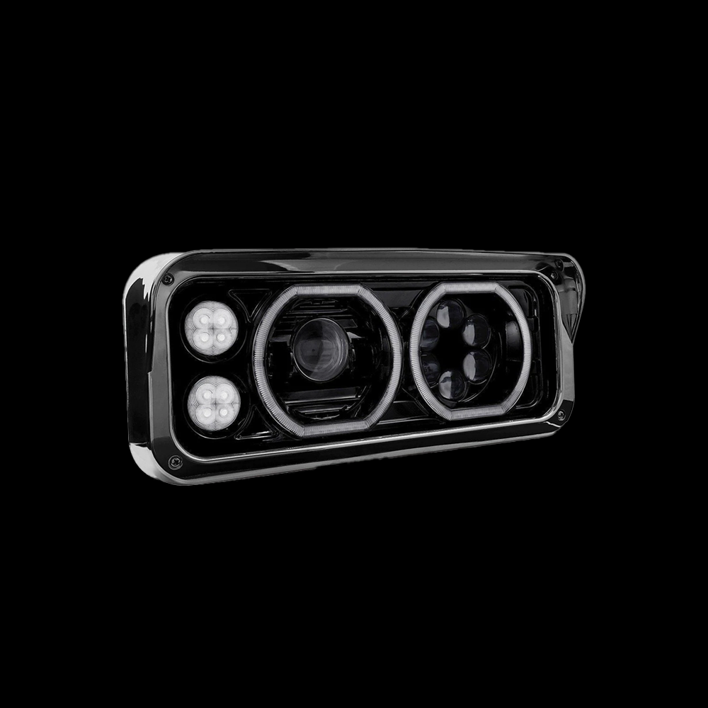 BLACK Universal Classic LED Projector Headlight Assembly with Auxiliary Halo Rings & Housing Bucket - Passenger side