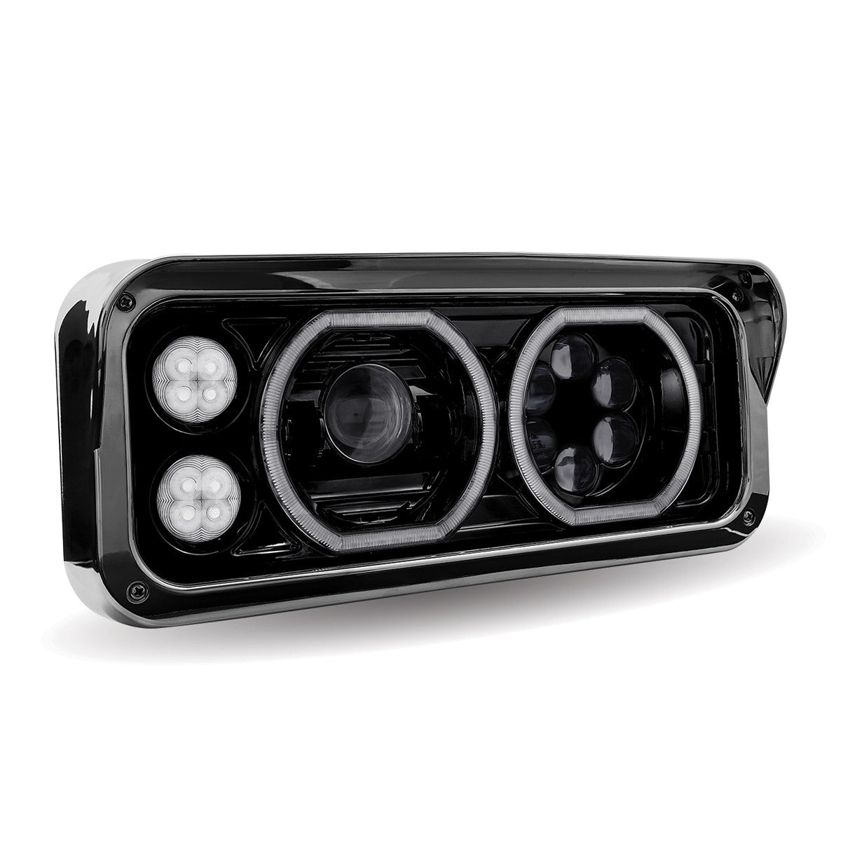 BLACK Universal Classic LED Projector Headlight Assembly with Auxiliary Halo Rings & Housing Bucket - Passenger side