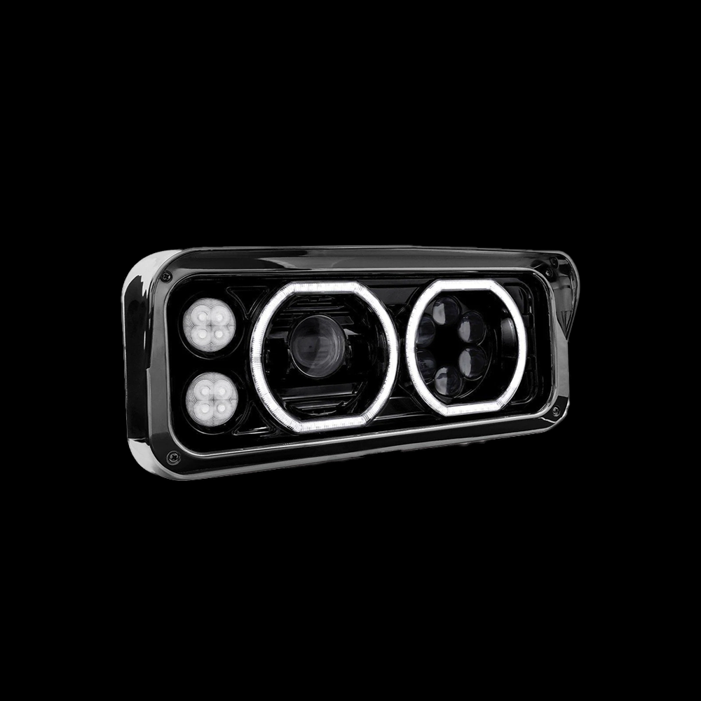 BLACK Universal Classic LED Projector Headlight Assembly with Auxiliary Halo Rings & Housing Bucket - Passenger side