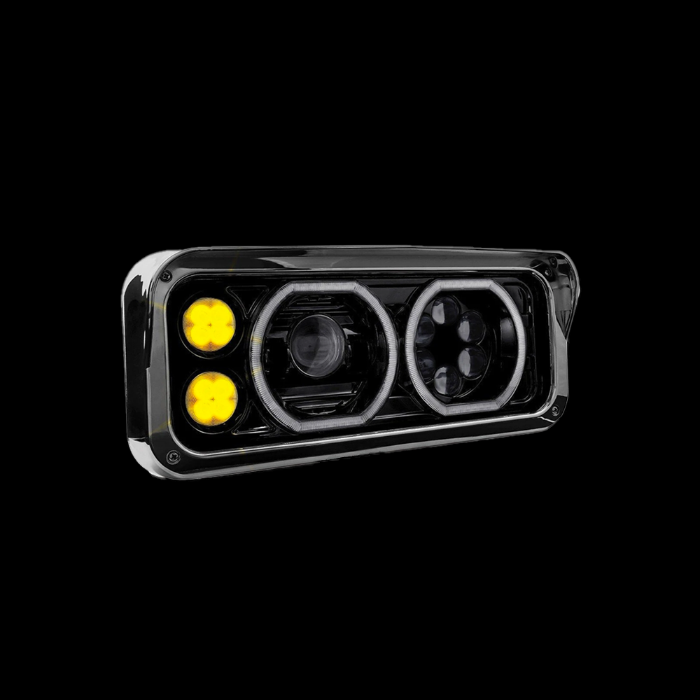 BLACK Universal Classic LED Projector Headlight Assembly with Auxiliary Halo Rings & Housing Bucket - Passenger side