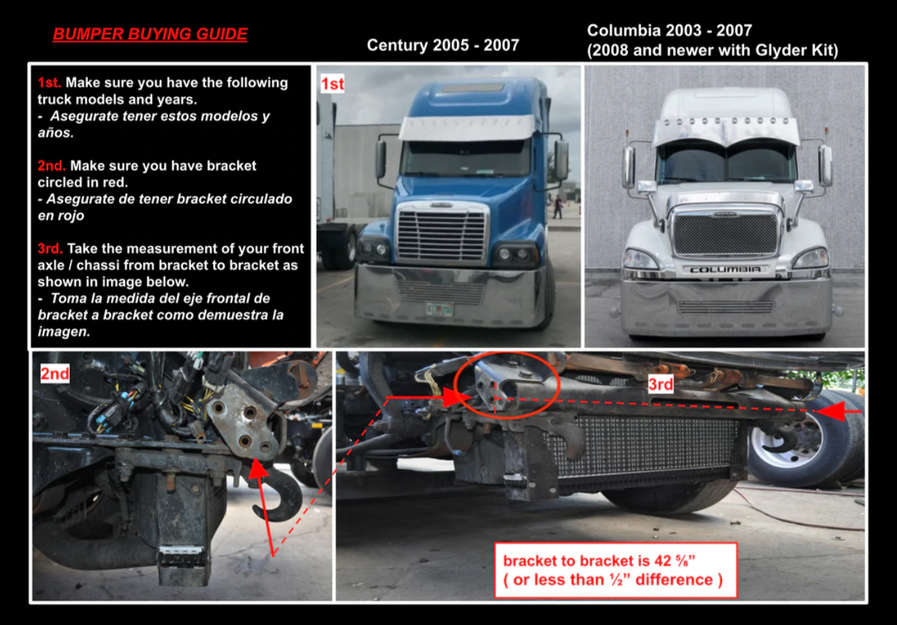 Bumper 18" Chrome Freightliner Century (2005-2007) / Columbia (2003-2007). Aerodynamic Cut, Rectangular Fog Light, Mounting Bolt And Large Center Tow Hole