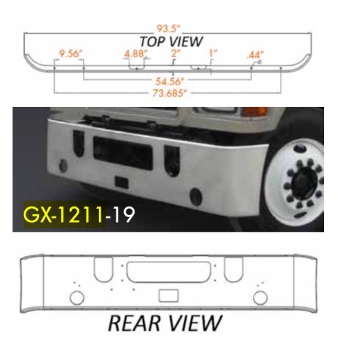 Bumper 18" Chrome Mack CH Series Set Forward Axle (2005+) w/ Tow, Step & Fog Light Holes.