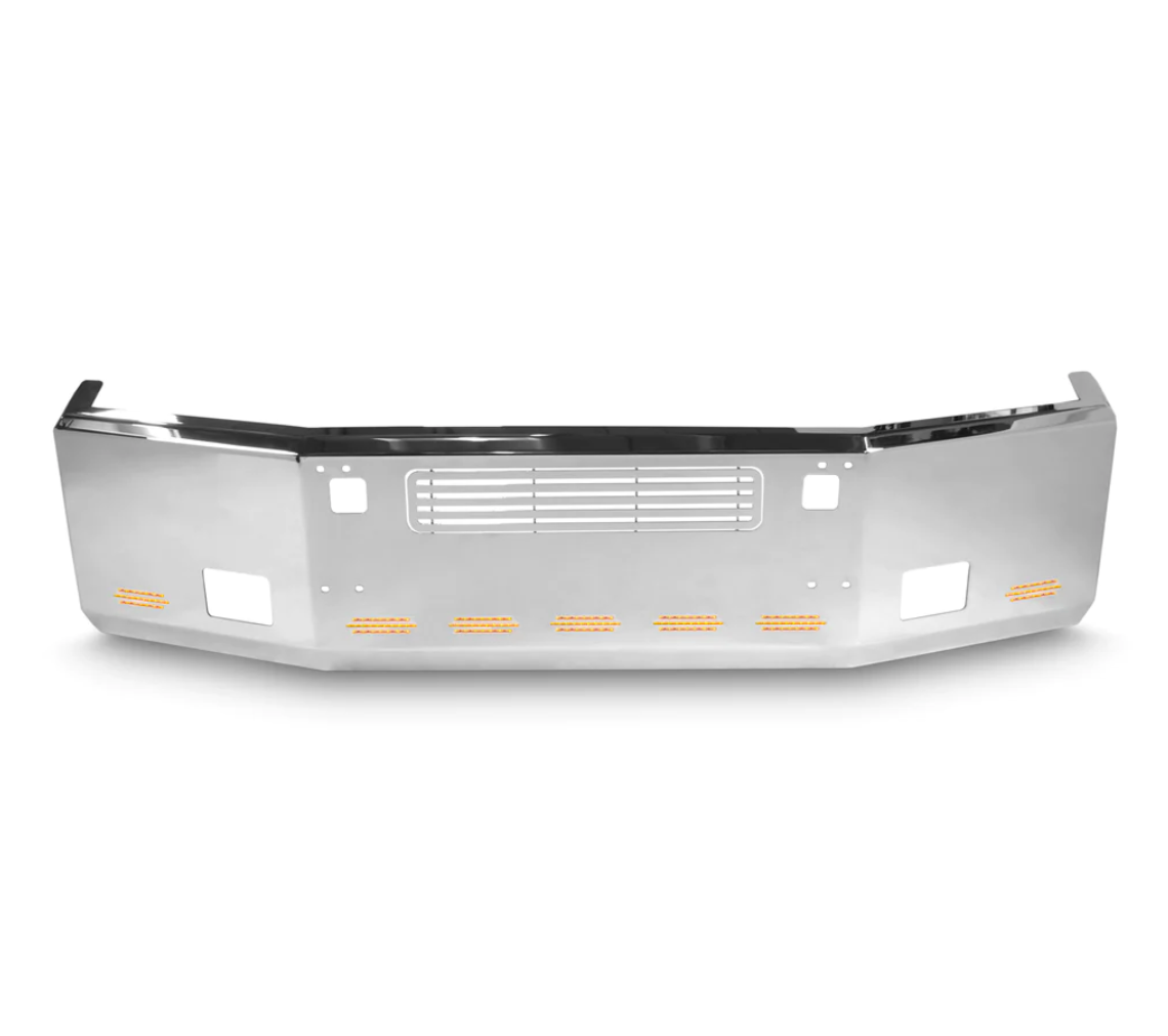 Bumper 20" Chrome Kenworth T800 (1986-2003) Aero, Grille Insert w/ Tow, Fog & 9 Hidden Light Holes