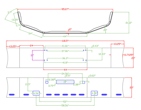 Bumper 20" Chrome Kenworth T800 (1986-2003) w/ Vent, Tow, Fog & Hidden Light Holes . (Custom FG-57)