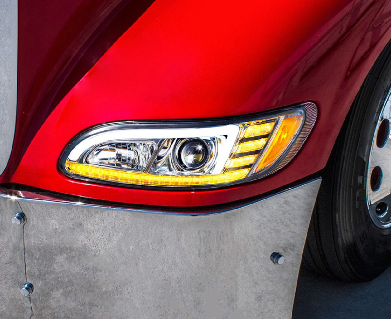 CHROME PROJECTION HEADLIGHT WITH LED SEQUENTIAL TURN & DRL FOR 2005-2015 PETERBILT 386 335 (2005-2010) - DRIVER