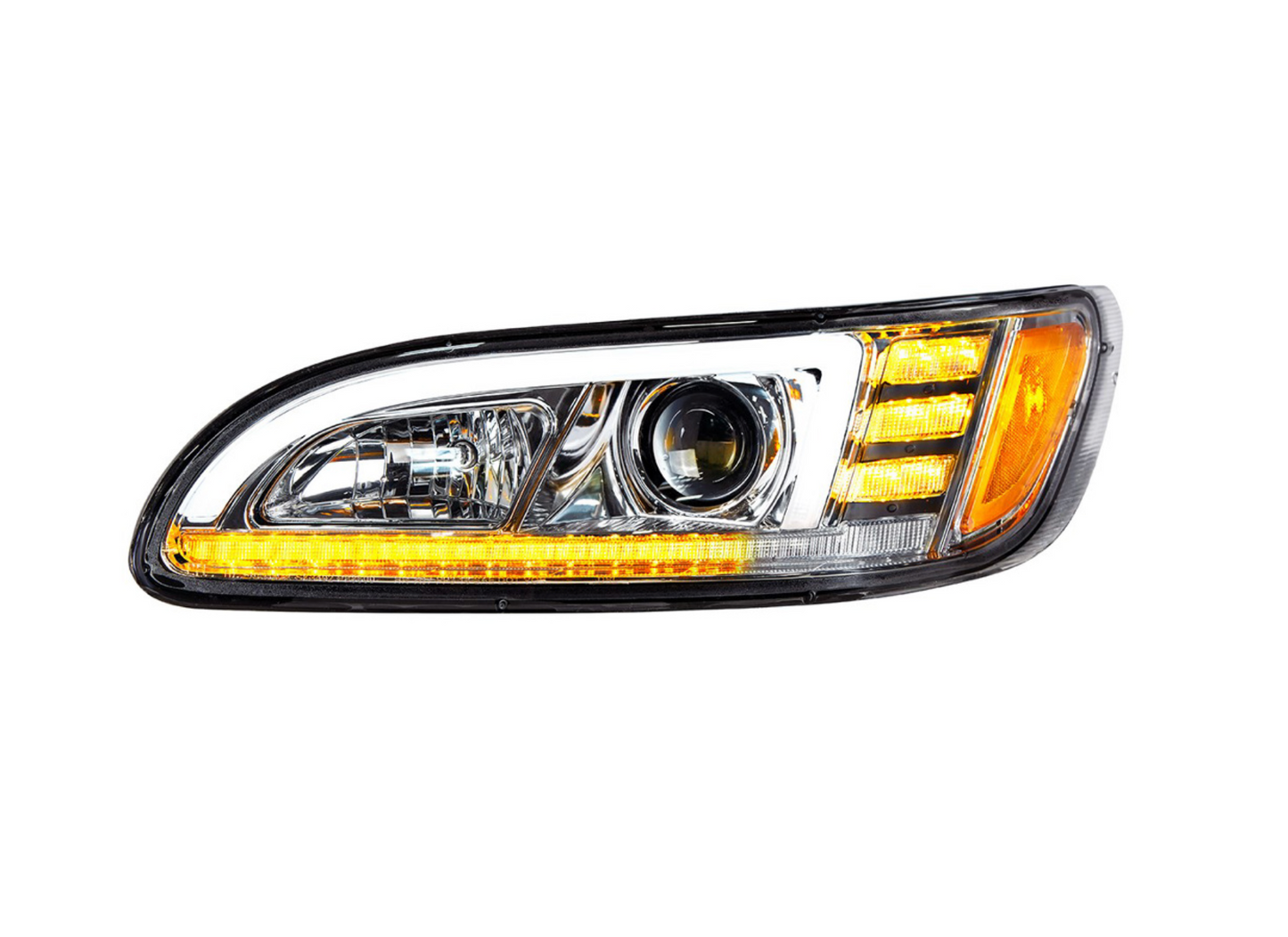 CHROME PROJECTION HEADLIGHT WITH LED SEQUENTIAL TURN & DRL FOR 2005-2015 PETERBILT 386 335 (2005-2010) - DRIVER