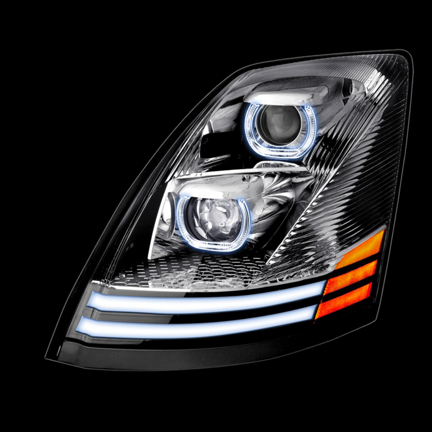 Chrome Volvo VN/VNL LED Projector Headlight Assembly with LED Dual Function LED Strips