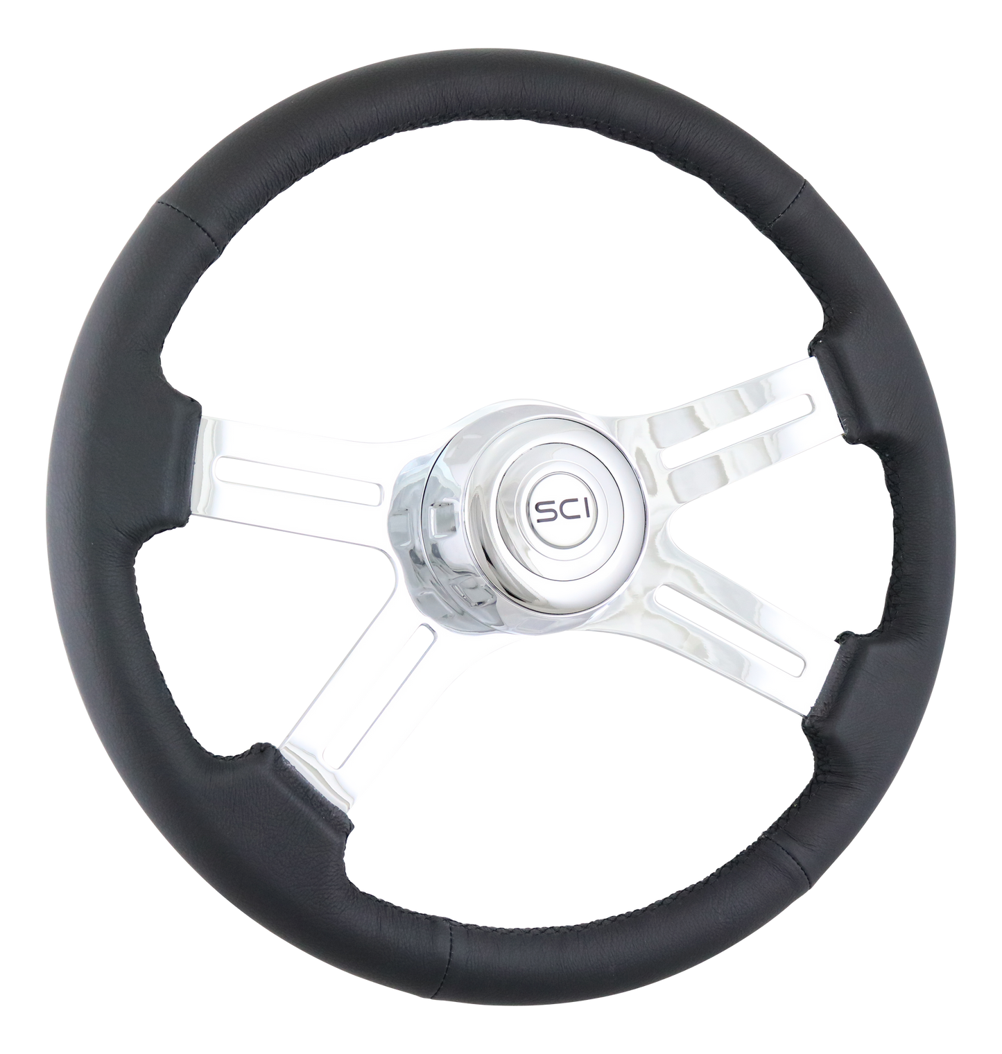Classic Leather - 18" Black Leather Rim, Chrome 4-Spoke w/Slot Cut Outs, Chrome Bezel, Chrome Horn Button - SCI Logo