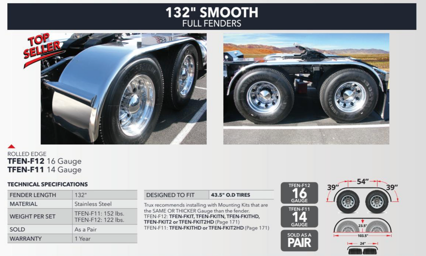 Full Fender Stainless Steel 132" - Rolled Edge 16 Gauge
