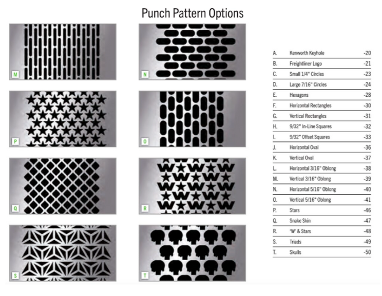 Grille Peterbilt Regular Short Hood 357,377,378,379 And 385 With Tapered Grill - Small 1/4" Circles Punch Style - Grill Surround NOT included - Vertical Grill Bars NOT included.