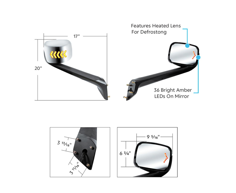 HOOD MIRROR ASSEMBLY W/LED LIGHTS ON MIRROR COVER & GLASS FOR 2018-2025 FREIGHTLINER CASCADIA - HEATED/PASSENGER