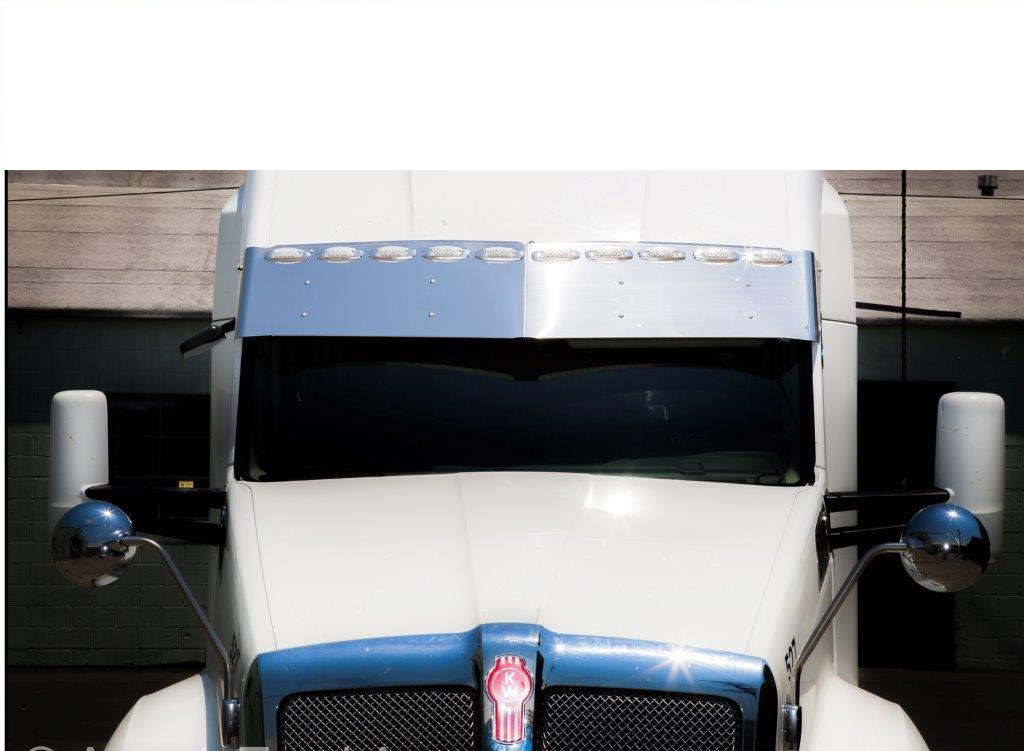 Kenworth T680 And T880 (Mid & High Roof). 2015 And Newer. 15" Drop Visor With 10 Rectangular clearance marker light holes Horizontally Across the Top Evenly Spaced