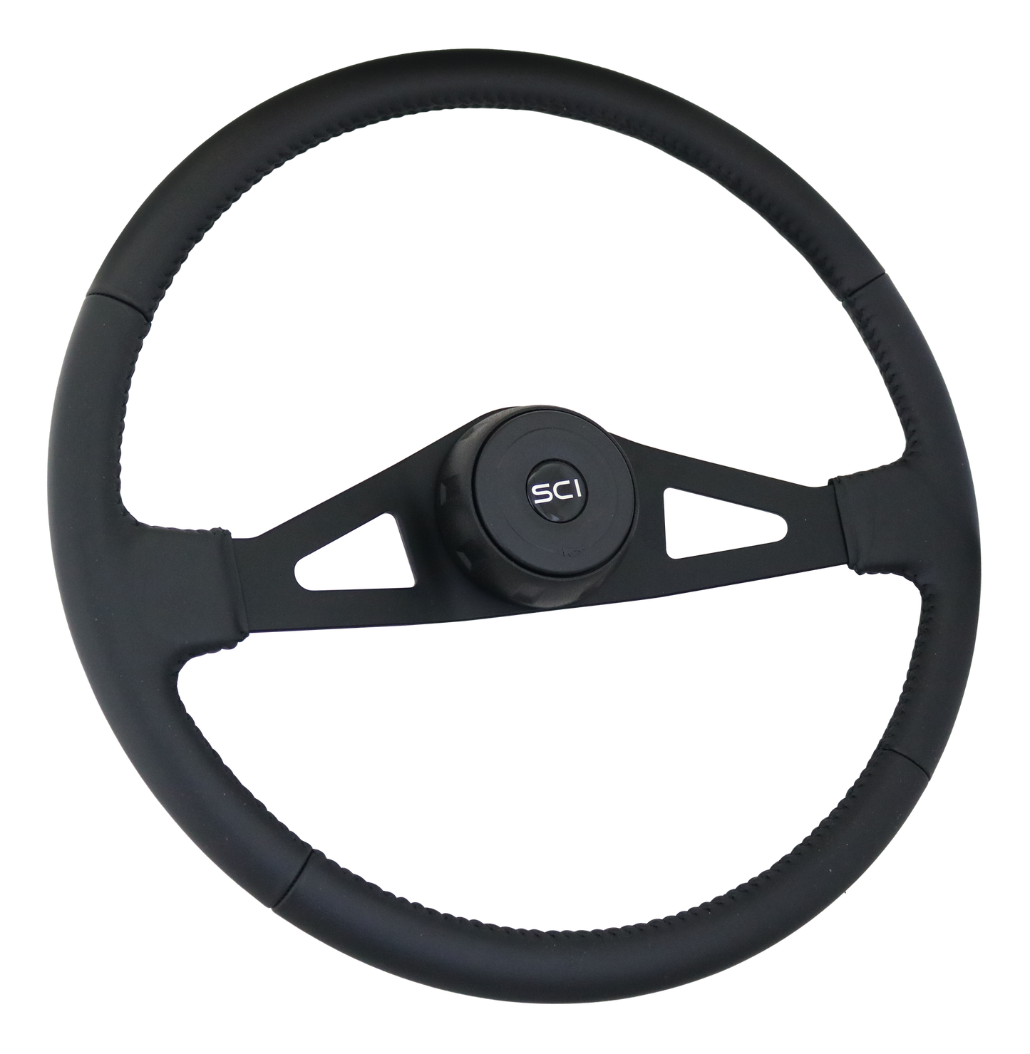 Pinion Leather - 20" Black Leather Rim, Black 2-Spoke w/Triangle Cut Outs, Blk Bezel, Blk Horn Button w/Black SCI Logo
