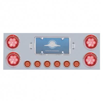 Rear Center Panel w/ Two 4" 7 LED & Six 2" 9 LED Light & Visor. Red/Red Stainless Steel