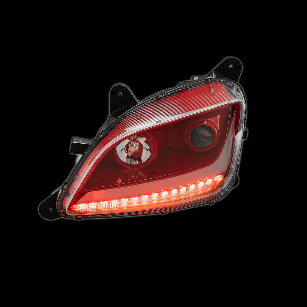 Red Housing Dragon Eye Headlight With LED Turn Signal and Day Light Bar (Driver Side ) fits Peterbilt 579 & 587