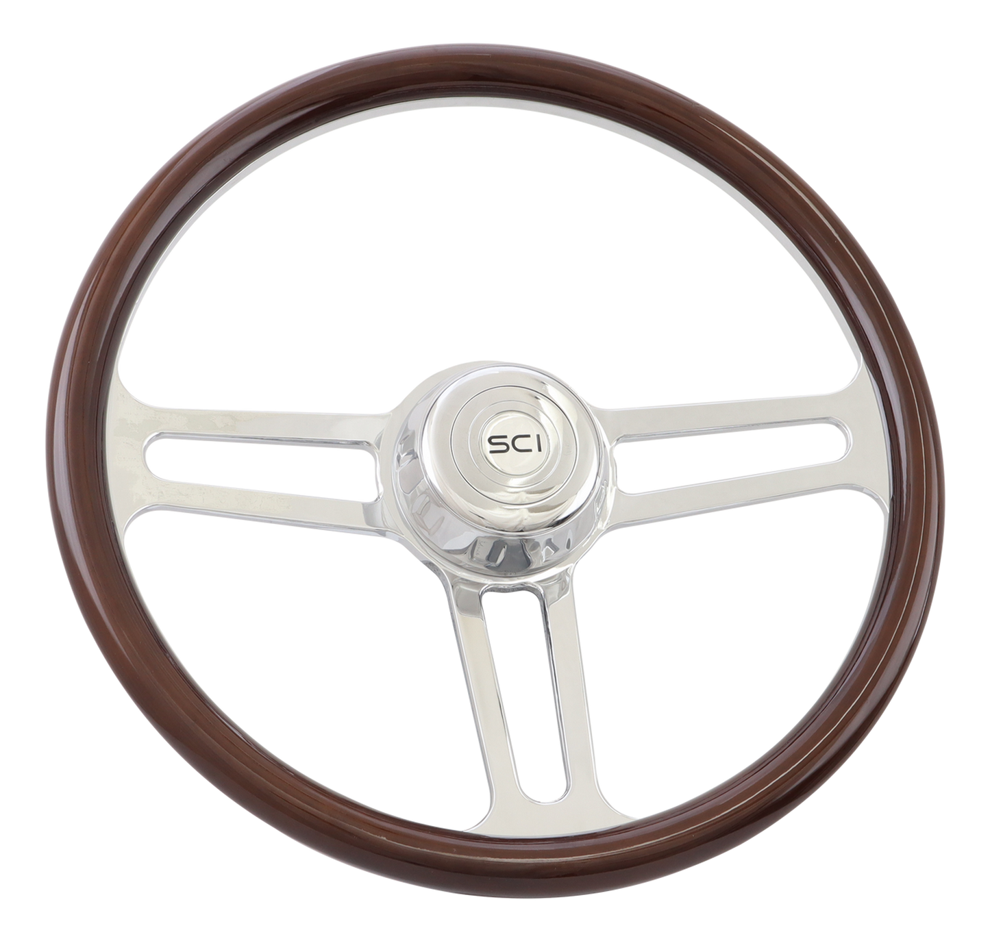 Speed Racer - 18" Half Wrap Billet Chrome Sloted Aluminum 3-Spoke Wheel w/ 18" Wood Rim, Chrome Bezel, Chrome Horn Button - SCI Logo