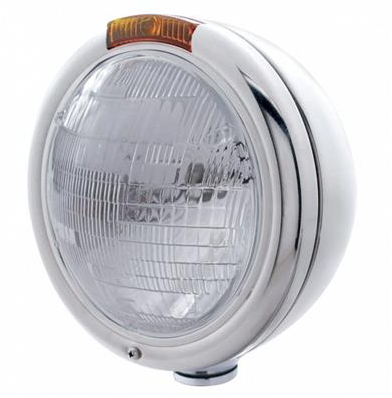 Stainless Steel Classic Headlight 6014 Bulb & Turn Signal - Amber Lens