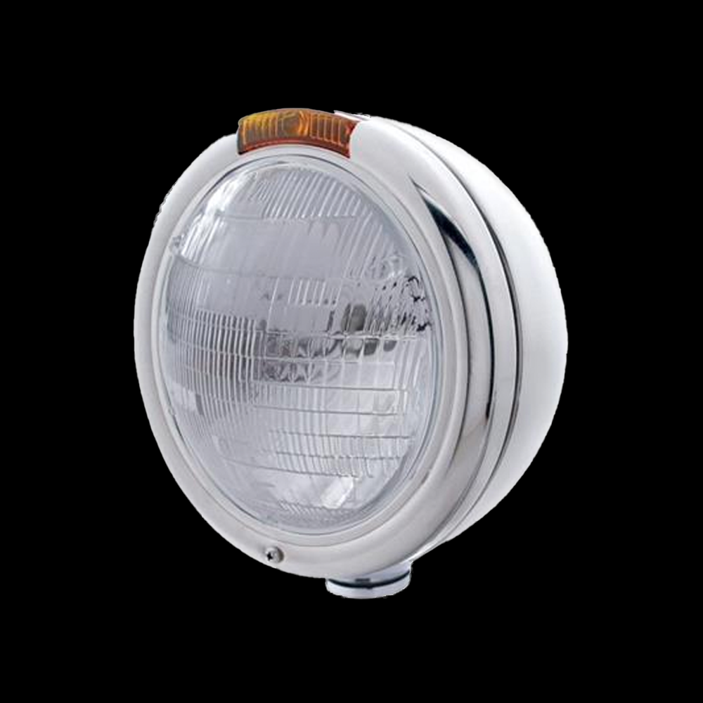 Stainless Steel Classic Headlight 6014 Bulb & Turn Signal - Amber Lens