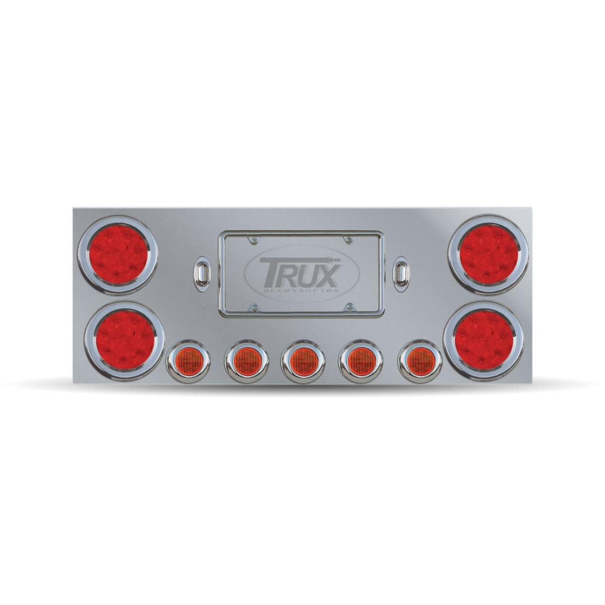 Stainless Steel Rear Center Panel with 4 x 4" & 5 x 2 1/2" LEDs & 2 License LEDS. (TLED-4MCR, TLED-2HTR, TBEZ-4CH4, TBEZ-2HCH4 & TB-C7W)