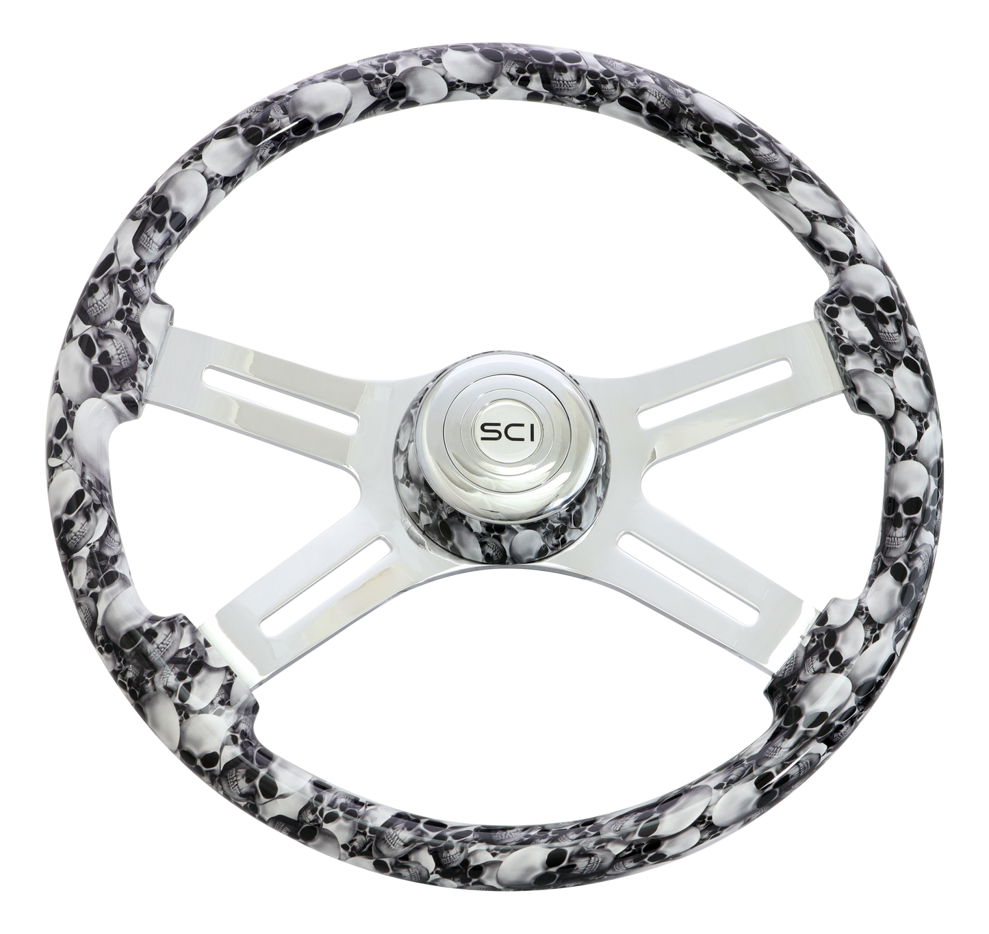 Steering Wheel Big Skulls White - 18" Printed Wood Rim, Chrome 4-Spoke w/ Slot Cut Outs, Matching Bezel, Chrome Horn Button - SCI Logo