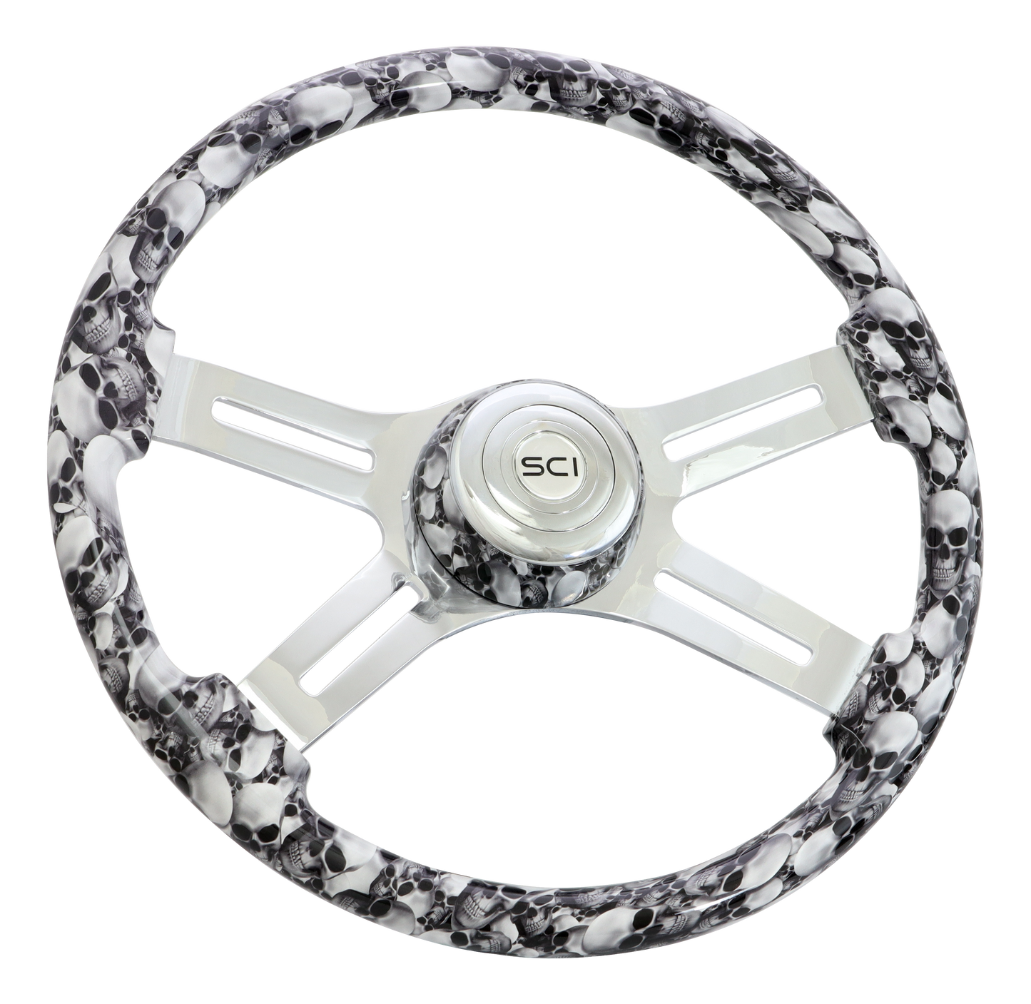 Steering Wheel Big Skulls White - 18" Printed Wood Rim, Chrome 4-Spoke w/ Slot Cut Outs, Matching Bezel, Chrome Horn Button - SCI Logo