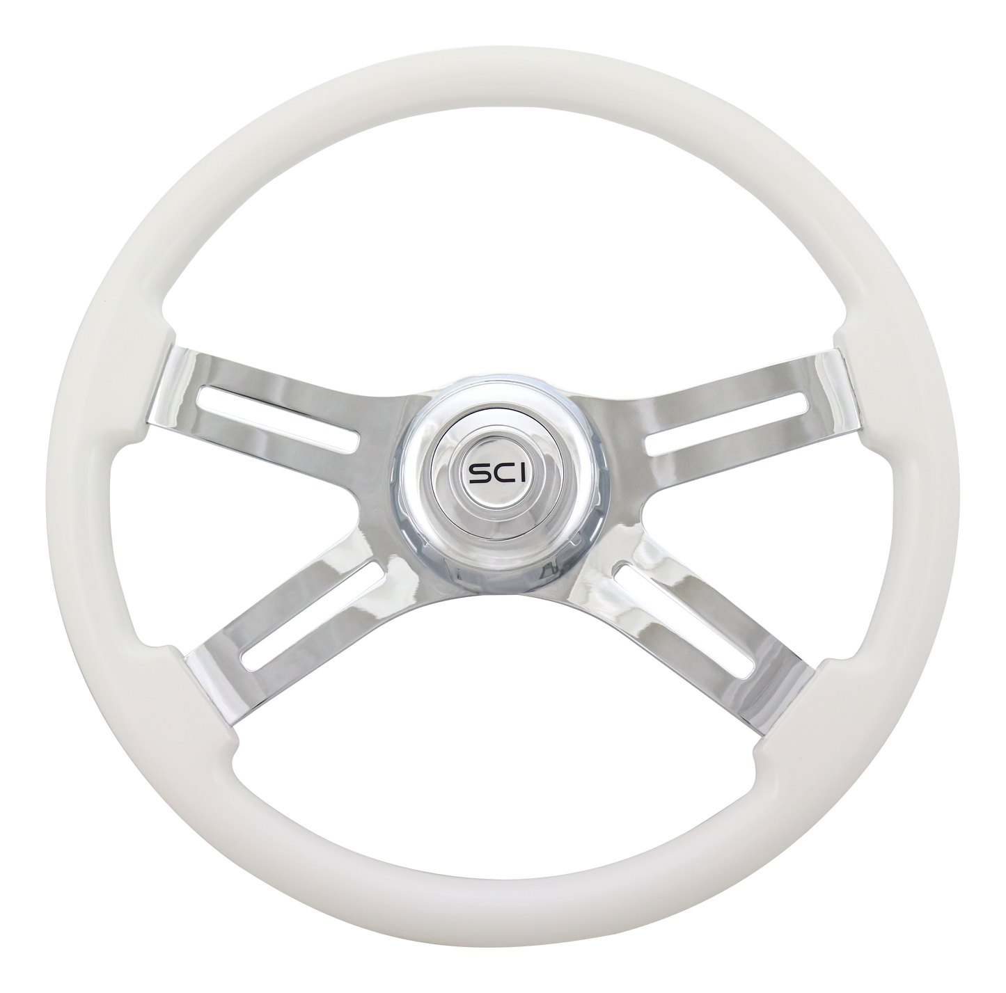 Steering Wheel Classic White 18", Chrome 4-Spoke, Chrome 4-Spoke w/ Slot Cut Outs.