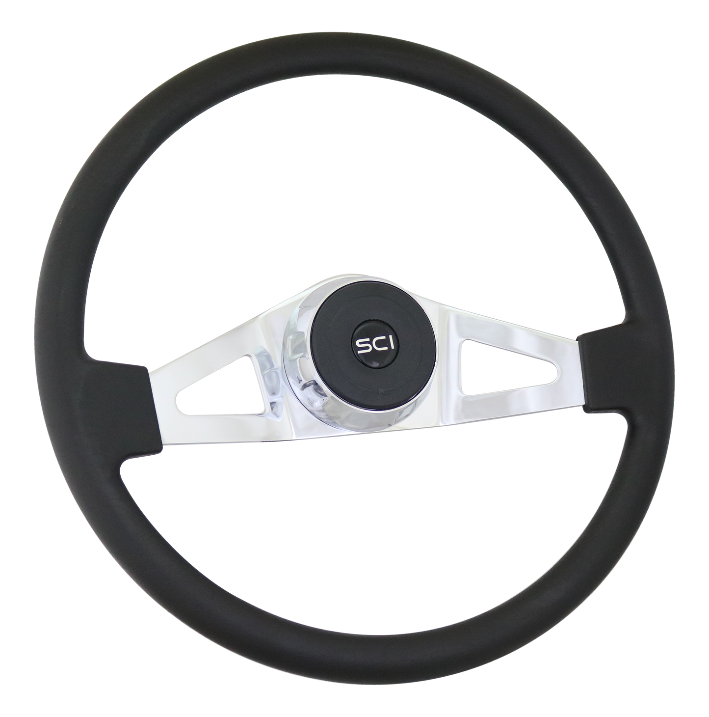 Steering Wheel Guardian - 18" Polyurethane Rim, Chrome 2-Spoke w/Triangle Cut Outs, Chrome Bezel, Black Horn Button - Black SCI Logo