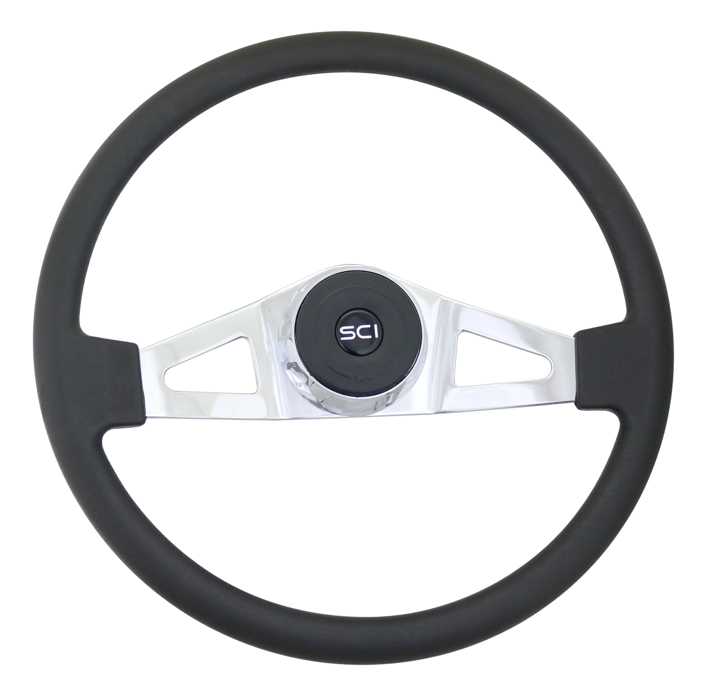 Steering Wheel Guardian - 18" Polyurethane Rim, Chrome 2-Spoke w/Triangle Cut Outs, Chrome Bezel, Black Horn Button - Black SCI Logo
