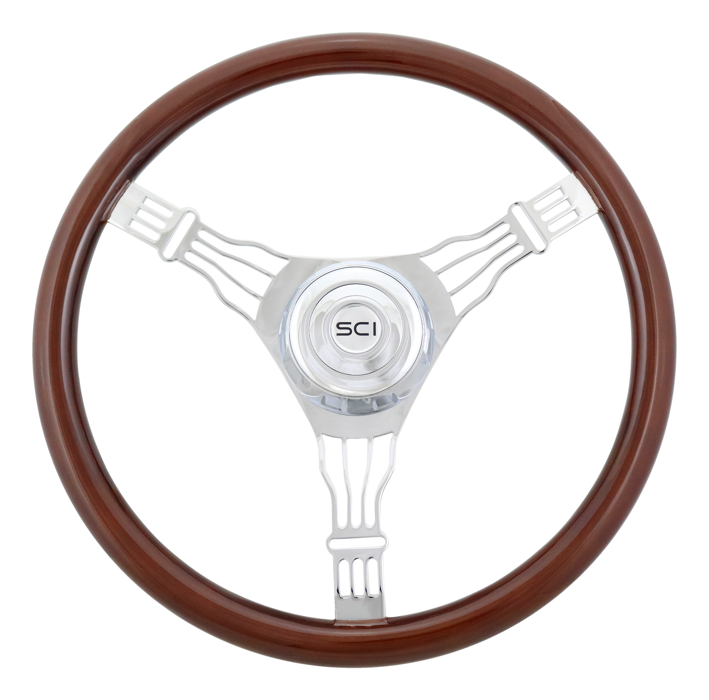 Steering Wheel Voltage 3 - 18" Wood Rim, Chrome 3-Spoke w/ Wire Cut Outs, Chrome Bezel, Chrome Horn Button - SCI Logo
