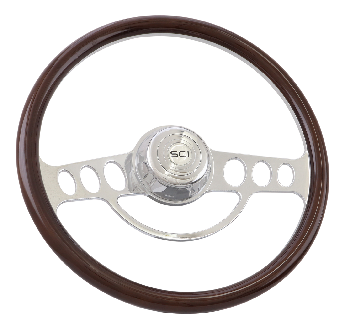 The Caddy - 18" Half Wrap Billet Chrome Aluminum 2-Spoke Wheel with 18" Wood Rim, Chrome Bezel, Chrome Horn Button - SCI Logo