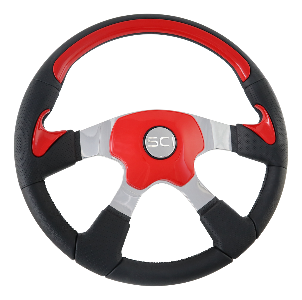 *Traveler Custom - 18" Leather Rim w/Custom Paint/Printed Inserts, Pol. Alum. 4-Spoke, Elite 4 - Custom Pad, SCI Horn Button - Silver