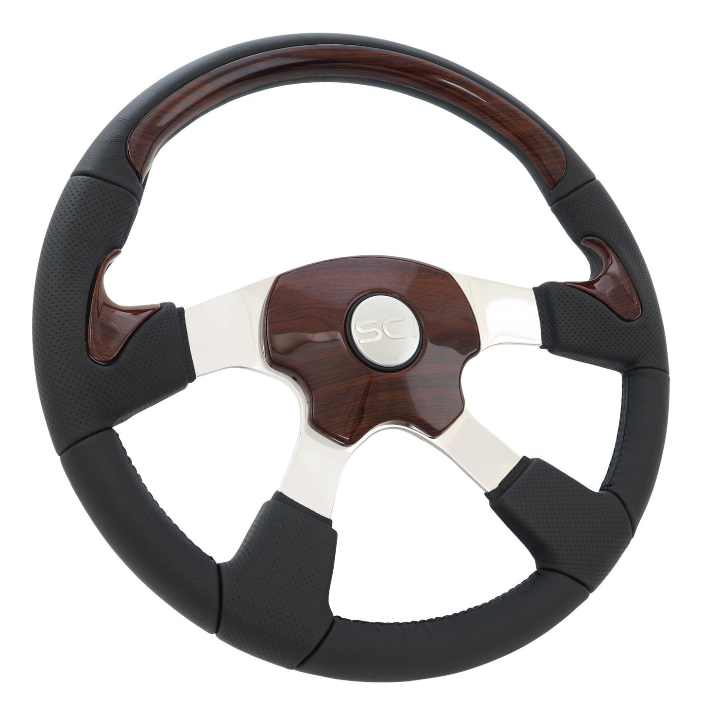 Traveler Mahogany - 18" Leather Rim with Mahogany Look Inserts, Polished Alum. 4-Spoke, Elite 4 Mahogany Look Pad, SCI Silver HB