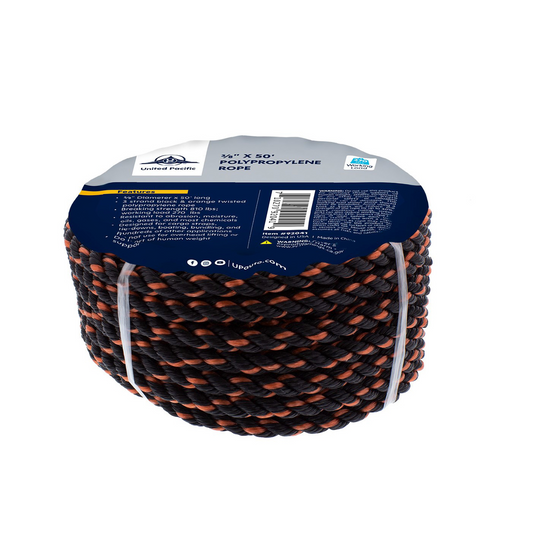 Truck City Chrome & Parts - 3/8" x 50' 3-Strand Twisted Black & Orange Polypropylene Rope