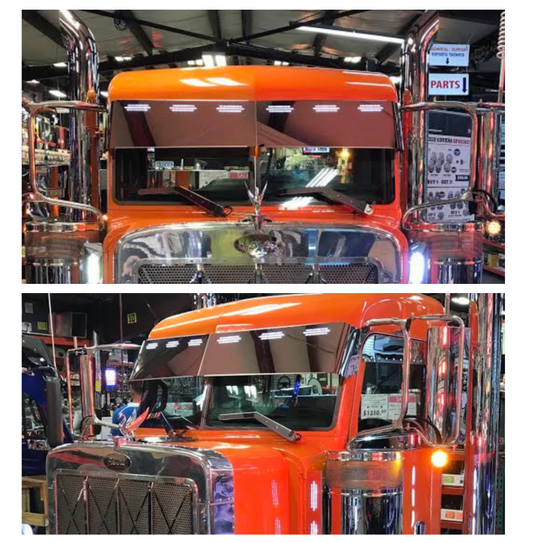 Visor 10.5" - 12" w/ 6 Hidden Light Holes, Peterbilt 357, 378, 379, 386, 389 Ultra Cab - Stainless Steel