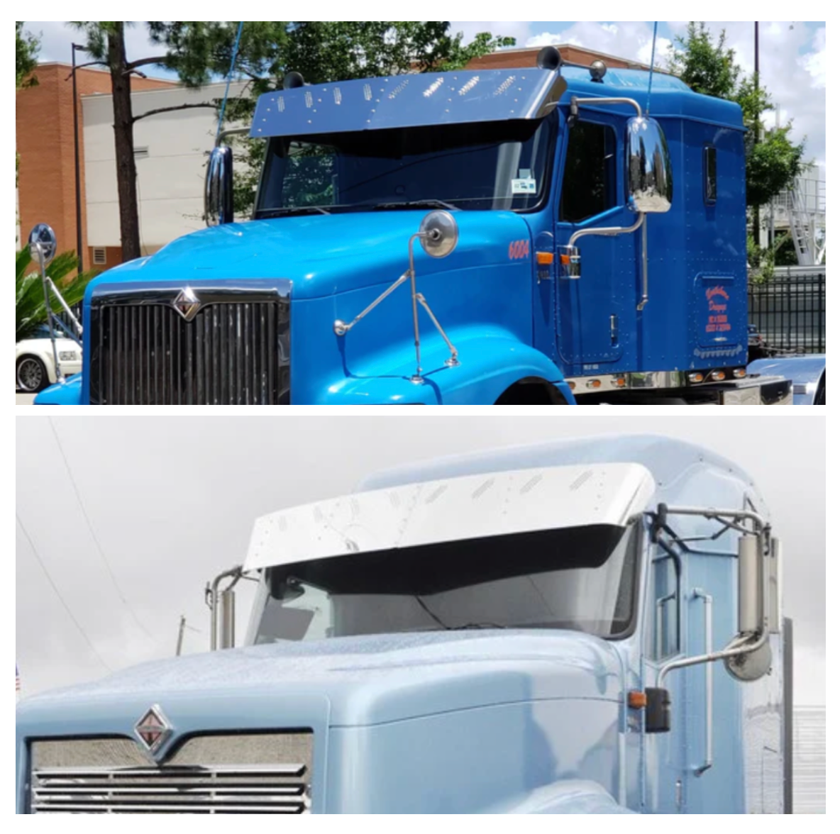 Visor 13.5" - 15.5" w/ 8 Hidden Light Holes, International 9200, 9400, 9300, 9900 Round/Curved Windshields Only - Stainless Steel