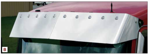 Visor 13" Stainless Steel Kenworth T660 T600 T800 Curved Glass w/ Cast Mirror Brackets, Blind Mount w/ (10) 3/4" Light Holes