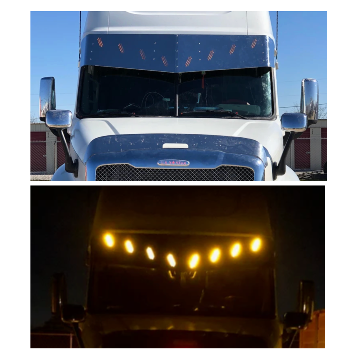 Visor 18.5" "V"-Style w/ 8 Hidden Light Holes, Freightliner Cascadia (2007+) Cascadia Body Style (2018+) - Stainless Steel