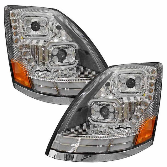 Volvo VNL VT 2004-2018 Full LED Chrome Projection Headlight With Halo Ring And Sequential Turn Signal (Pair)