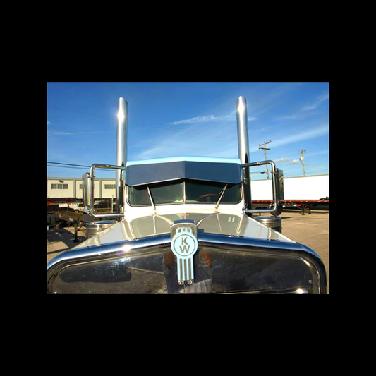 12” Reduced to 9” Stainless Steel Bowtie Visor Flat Windshield with Cab Mounted Mirror Brackets fits Kenworth T800, T600, T400, T300, W900B, W900L