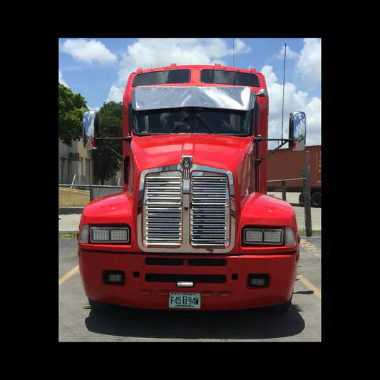 12" Reduced to 9" Stainless Steel Bowtie Visor with 6 Hidden Light Holes Flat Windshield with Cab Mounted Mirror Brackets fits Kenworth T800, T600, T400, T300, W900B, W900L