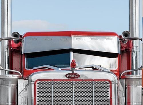 13” to 9” Stainless Steel Bowtie Visor with 6 hidden light holes, polished finish with mounting brackets fits Peterbilt 370 & 380 Series