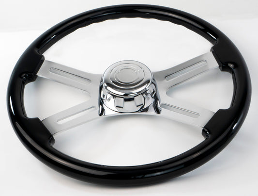 16” BLACK WOOD STEERING WHEEL WITH 4 CHROME SPOKES