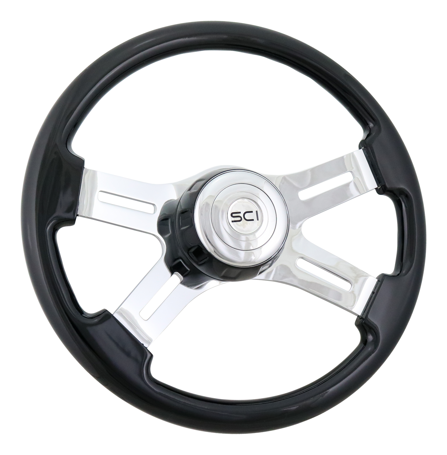 16" Classic Black - 16" Painted Wood Rim, Chrome 4-Spoke w/Slot Cut Outs, Black Bezel, Chrome Horn Button - SCI Logo